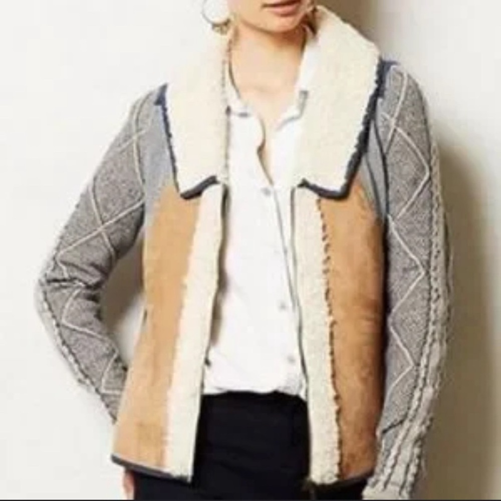 Anthropologie Saturday Sunday Sherpa knit faux suede sweater zip jacket size XS